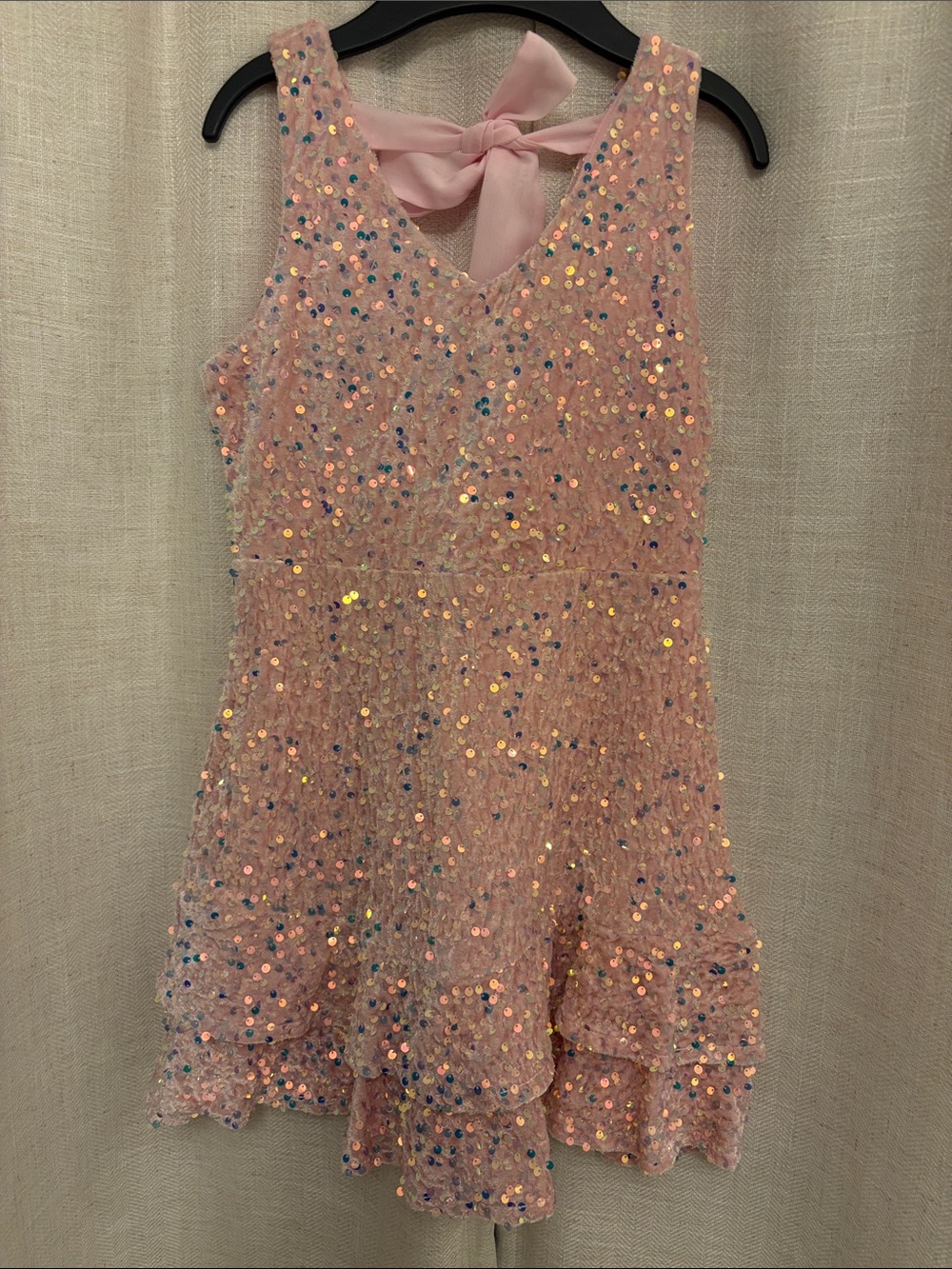 Girls Pink Sequin Layered Party Dress with Back Bow